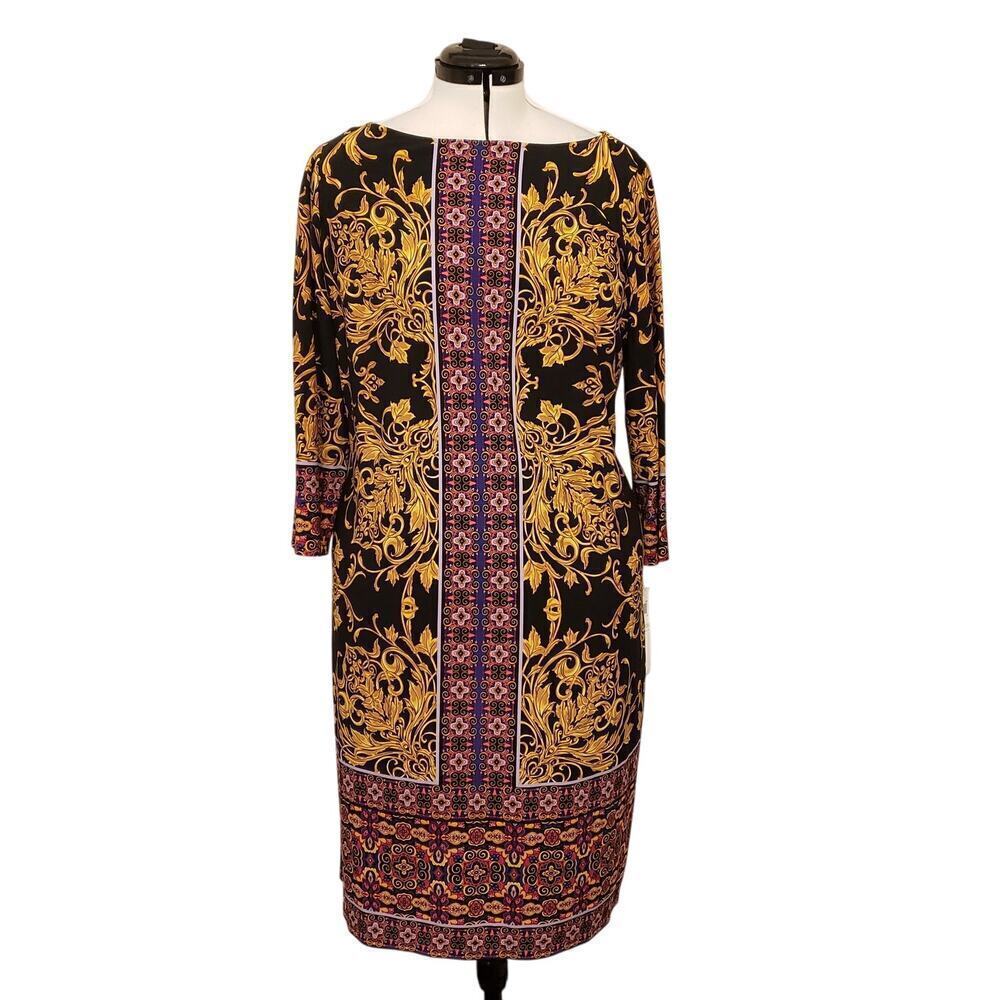 💃 London Times Mara Shift Dress – Geo Black Gold Paisley Print | Size 1X - Picture 2 of 9